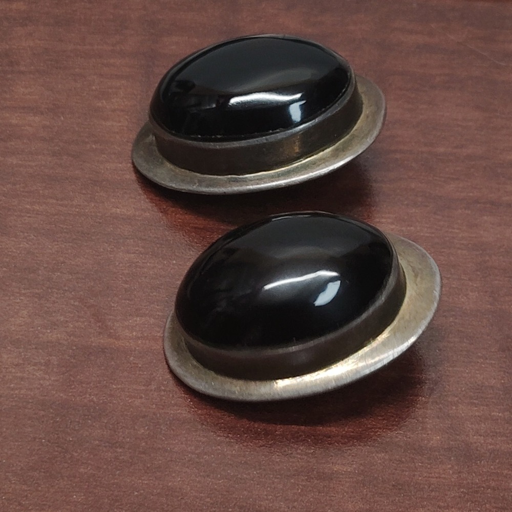 Vintage Mexico Sterling Silver Black Onyx Clip-On Earrings .925 - Picture 2 of 5